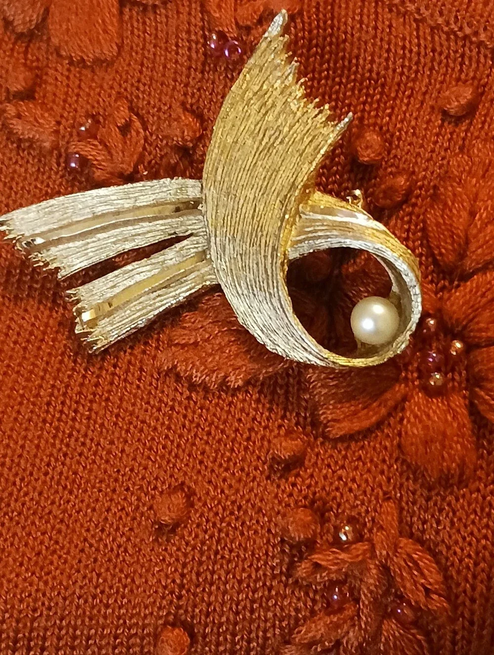 Vintage 1960s Monet Sweater Brooch, Faux Pearl Accent